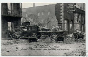 5.Ruined Sackville Street barricaded with Motor Cars. 
