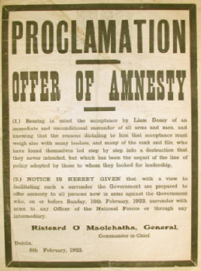 Offer of Amnesty, Poster issued by General Risteard O'Maolcatha (Mulcahy), Commander-in-Chief (Free State Army)